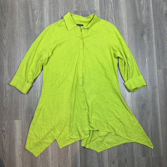 For Cynthia Green Linen Blend Tunic L Asymmetrical Button Down - Picture 1 of 7